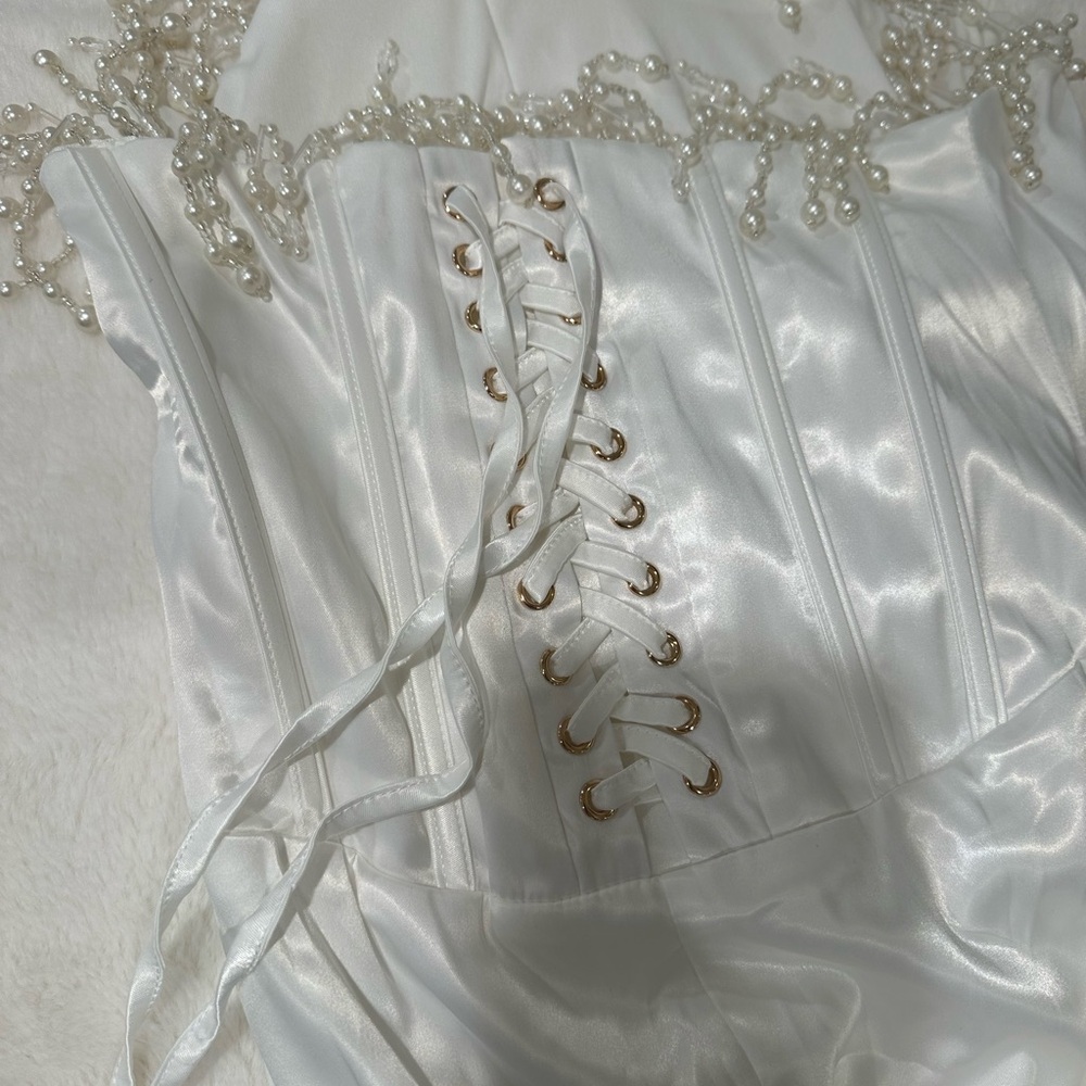 Elegant White Satin Corset with Pearl Details